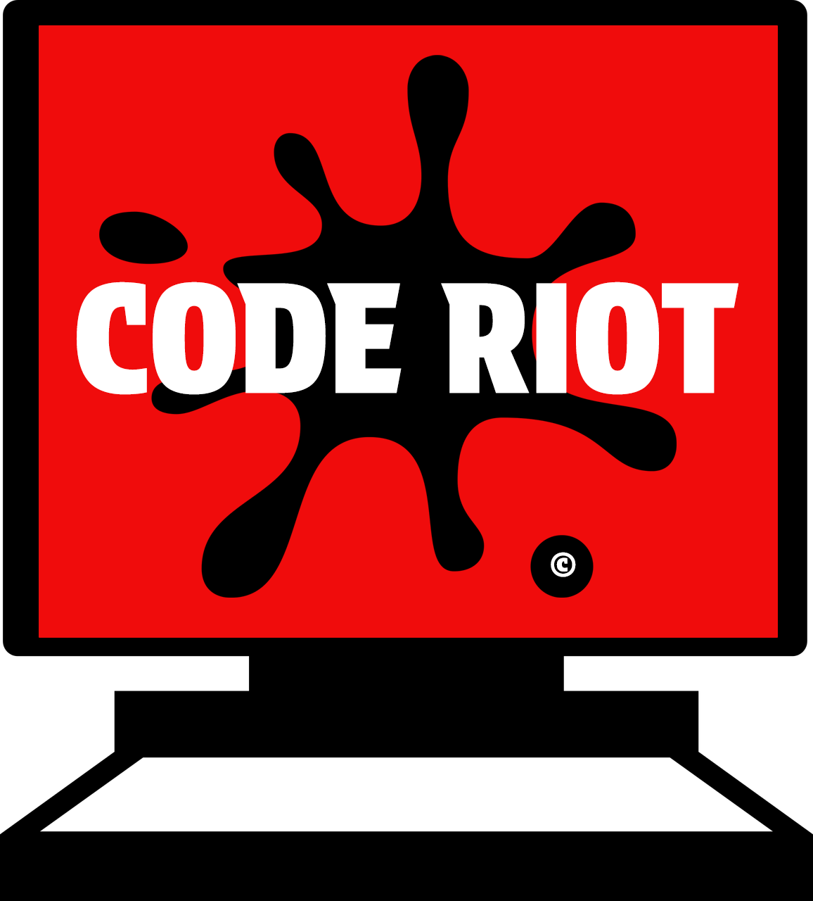 computer screen with a splatter and the words 'code riot